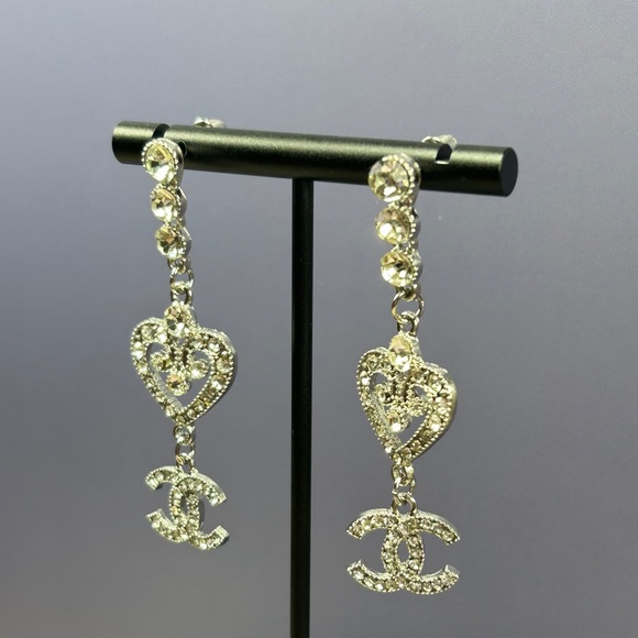 Silver Rhinestone Heart Drop Earrings - Picture 3 of 7